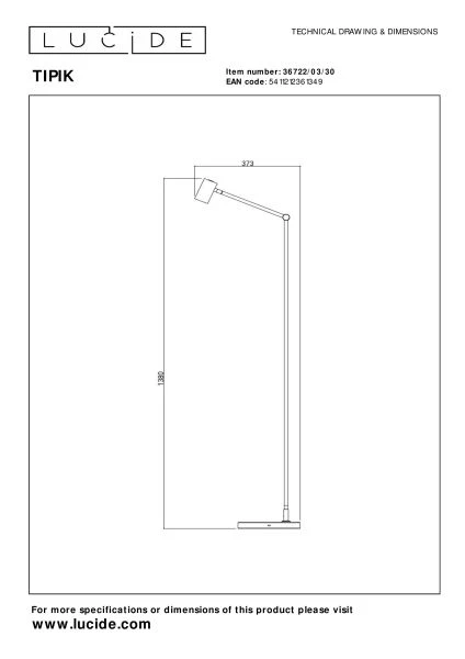 Lucide TIPIK - Rechargeable Floor lamp - Battery pack- LED 3 StepDim - 1x3W 2700K - Black - technical